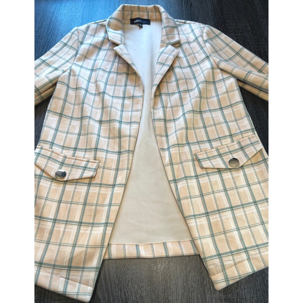 Alice Blue Plaid Blazer Small Beige Green Pocket Front Career‎ Casual